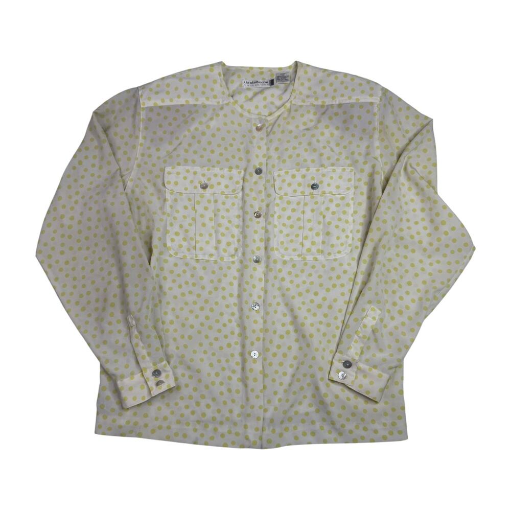 Liz Claiborne Vintage Polka Dot Blouse Button Front Top Green White 10P Petite